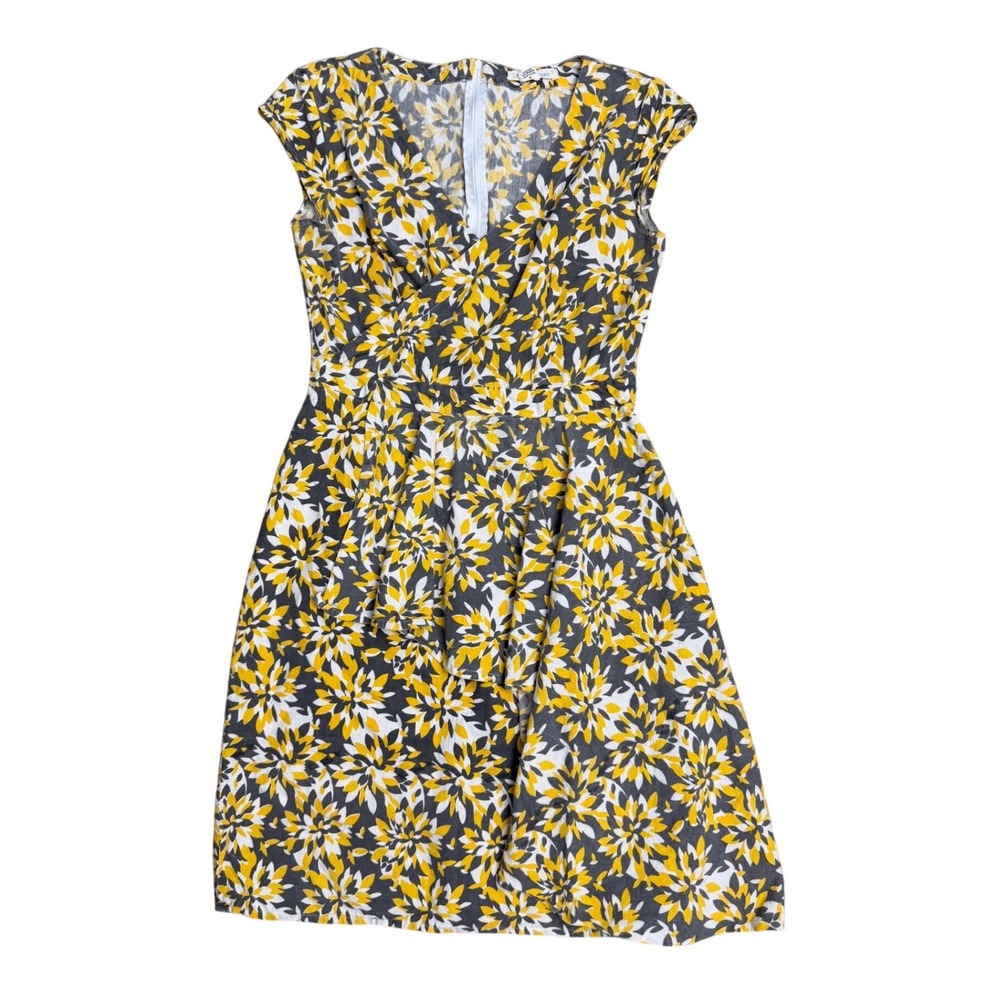 Mata Traders Yellow Grey Floral Cotton Cap Sleeve Fit Flare Dress M organic